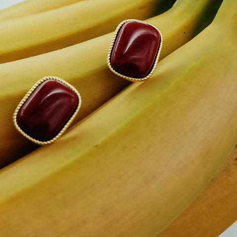 Vintage Golden Edge Inlay Oblong, And Nice Deep Wine Red Color Ear Studs - Chickalaka