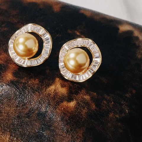 Crystal Annulus Golden Pearl Earrings - Chickalaka Detail 2