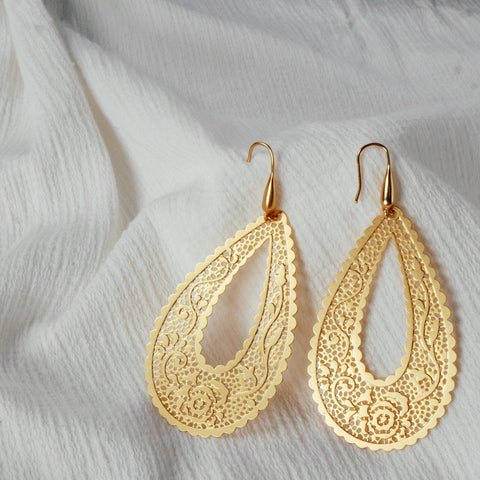 Golden Teardrop Victorian Hollow Earring Detail 1 - Chickalaka