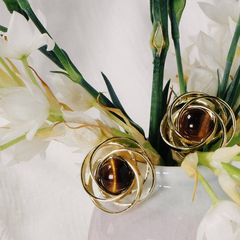 Planet-like, Curves Around Tiger-eye Stub Earrings - Chickalaka