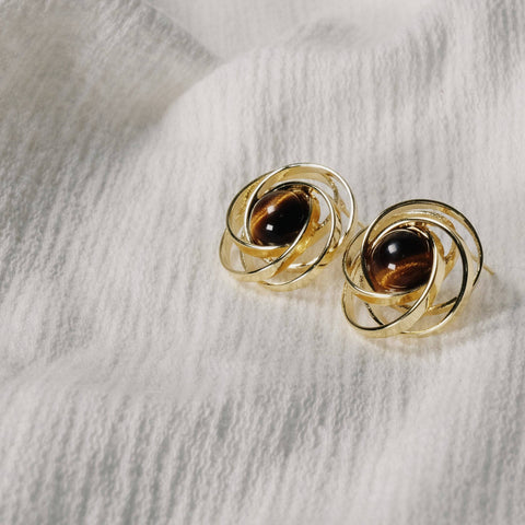 Curved Planet Tiger-Eye Earrings Detail 1 | Chickalaka