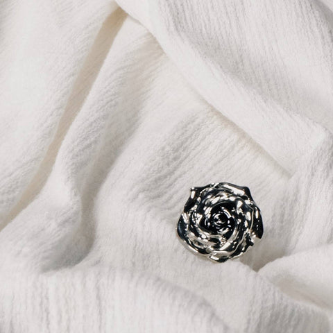 Three-Dimensional, Sculptural-Like Rose Flower, Silver Black Open Ring - Chickalaka