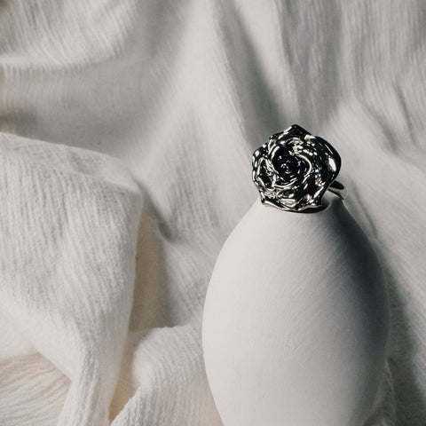 Three-Dimensional, Sculptural-Like Rose Flower, Silver Black Open Ring - Chickalaka