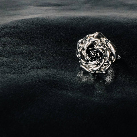 Three-Dimensional, Sculptural-Like Rose Flower, Silver Black Open Ring - Chickalaka