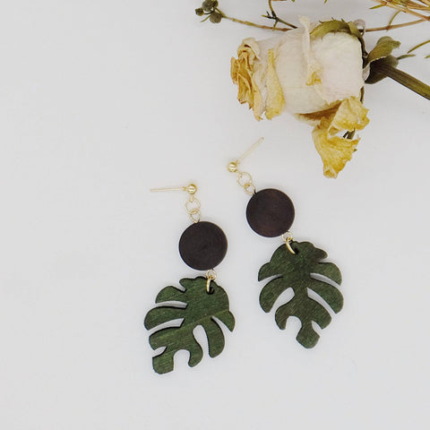 Wooden Made Round with Dangle Leaf Shape Earrings - Chickalaka