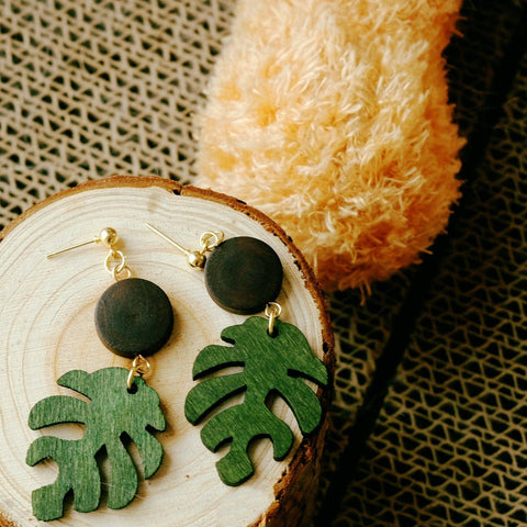 Wooden Made Round with Dangle Leaf Shape Earrings - Chickalaka