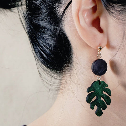 Wooden Made Round with Dangle Leaf Shape Earrings - Chickalaka